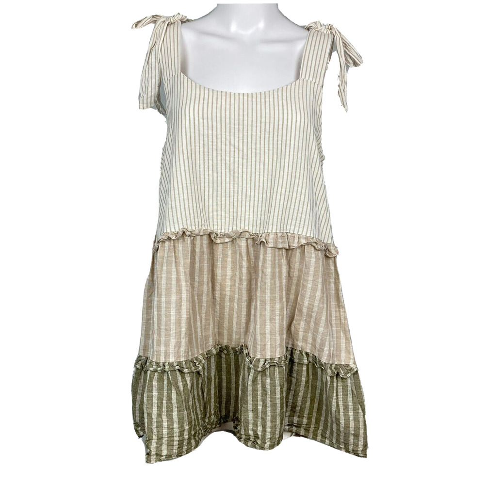 MINE Dress Womens Sz L Ivory Beige Striped Cotton Tiered Shoulder Tie Lined